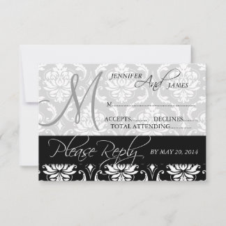 Wedding RSVP Card Black Damask Monogram Names