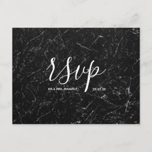 Wedding Rsvp card Black Marble Script Postcard