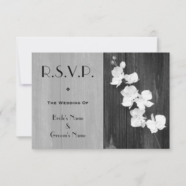 Wedding RSVP Card - Black & White Orchids Barnwood (Front)