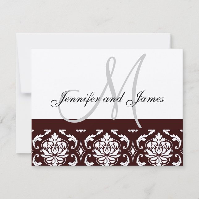 Wedding RSVP Card Brown Damask Monogram Names (Front)