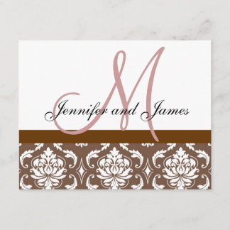 Wedding RSVP Card Brown Pink Damask Monogram