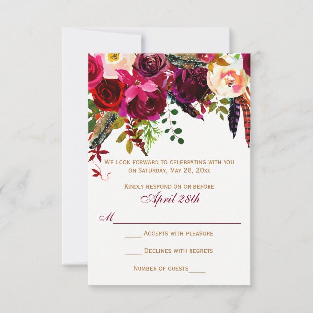 Wedding RSVP Card - Burgundy Floral, Feathers (Front)