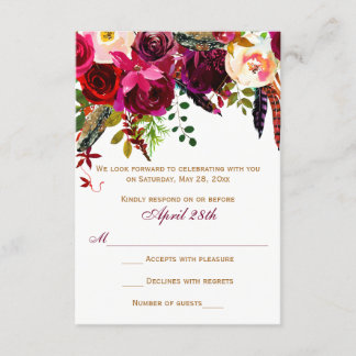 Wedding RSVP Card - Burgundy Floral, Feathers