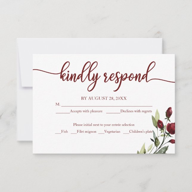 Wedding RSVP Card Burgundy Floral Rustic Wood (Front)