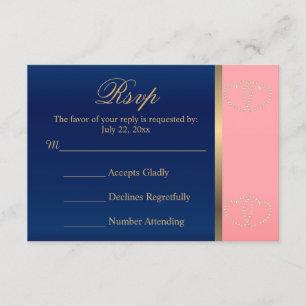 Wedding RSVP Card Coral & Navy with Gold Hearts