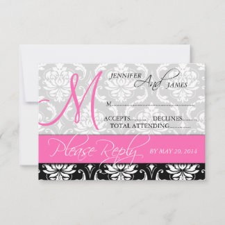 Wedding RSVP Card Damask Monogram Name Hot Pink