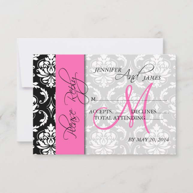 Wedding RSVP Card Damask Pink Monogram (Front)