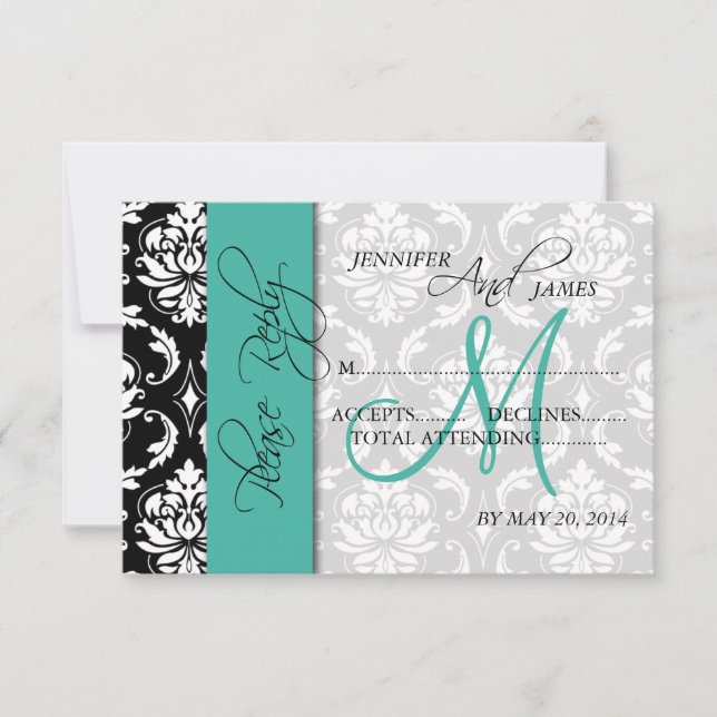 Wedding RSVP Card Damask Turquoise Names Initial (Front)