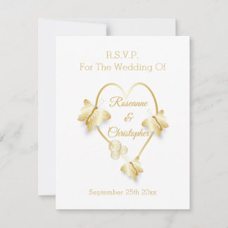 Wedding RSVP Card Gold Coloured Heart Butterfly