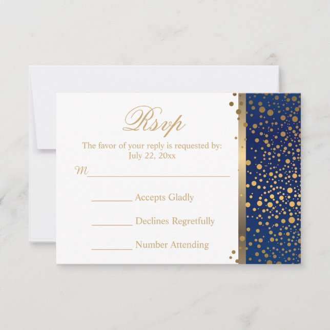 Wedding RSVP Card Navy and White with Gold Dots (Front)