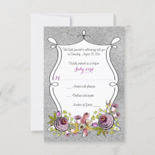 Wedding RSVP Card   Plum, FAUX Silver Foil Floral