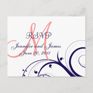Wedding RSVP Card Swirls Navy Blue Coral Pink