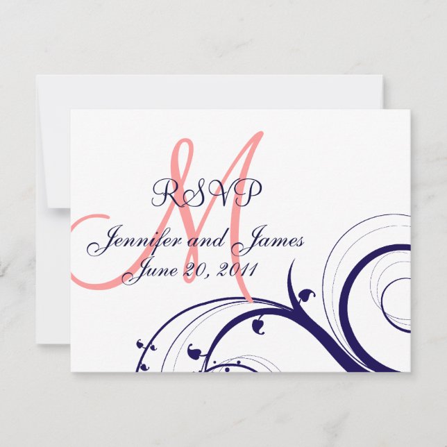Wedding RSVP Card Swirls Navy Blue Coral Pink (Front)