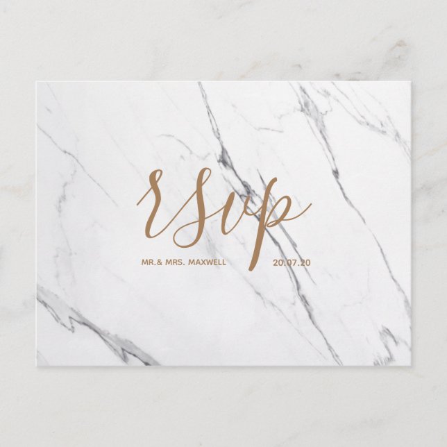 Wedding Rsvp card | White Gold Marble Script (Front)