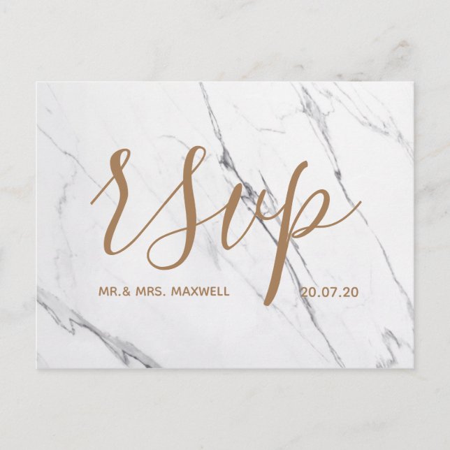 Wedding Rsvp card | White Marble Script Rose Gold (Front)