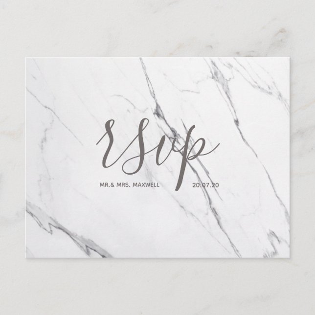 Wedding Rsvp card | White Rose Gold Marble Script (Front)