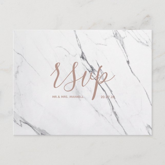 Wedding Rsvp card | White Rose Gold Marble Script (Front)