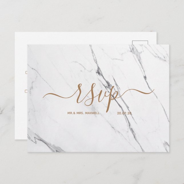 Wedding Rsvp card | White Rose Gold Marble Script (Front/Back)