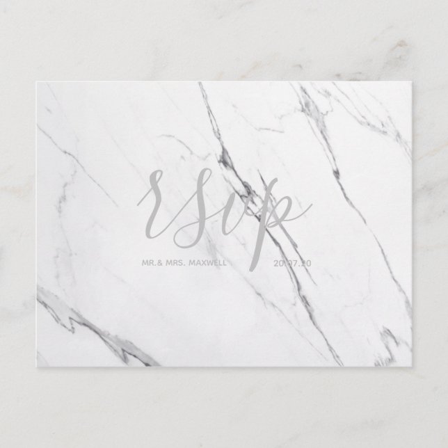Wedding Rsvp card White Silver Grey Marble Script (Front)