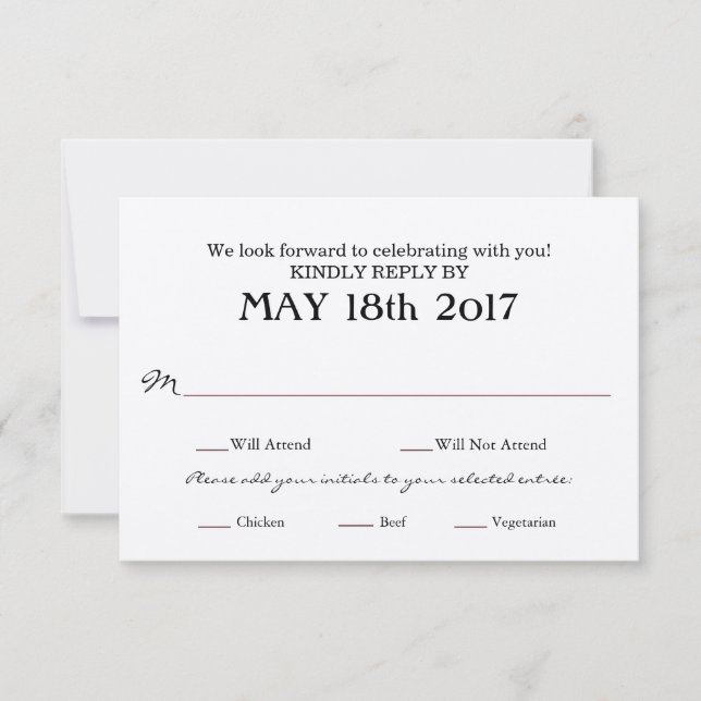 Wedding RSVP Card with MEAL selections (Front)