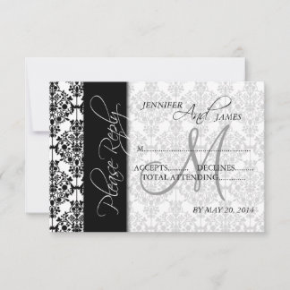 Wedding RSVP Cards Black Damask 5 Monogram