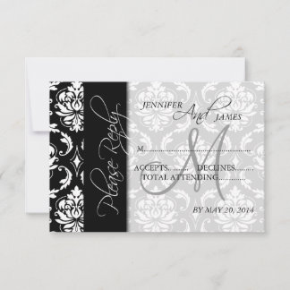 Wedding RSVP Cards Black Damask Monogram