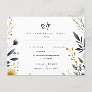 WEDDING RSVP CARDS   Navy Blue Yellow Gold Floral 