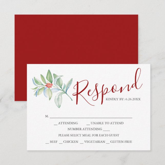 Wedding RSVP Cards with Meal Choice Red (Front/Back)