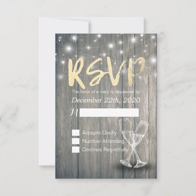 Wedding RSVP Champagne Glasses Wood String Lights (Front)