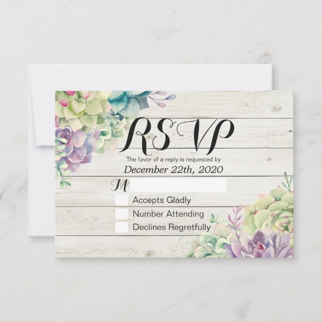 Wedding RSVP Chic Watercolor Succulent Rustic Wood (Front)