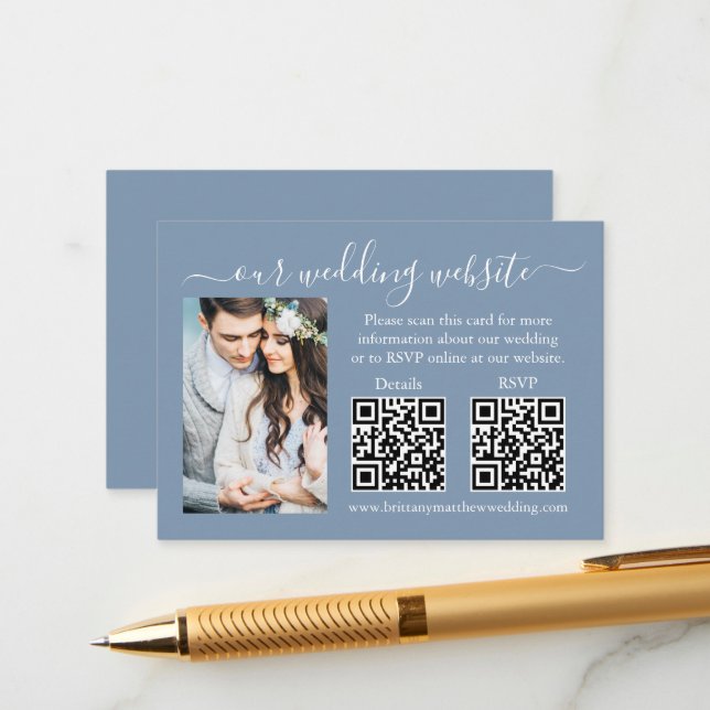 Wedding RSVP Details Photo 2 QR Dusty Blue Enclosure Card (Front/Back In Situ)