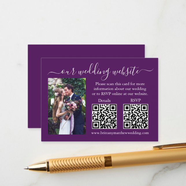 Wedding RSVP Details Photo 2 QR Purple Enclosure Card (Front/Back In Situ)