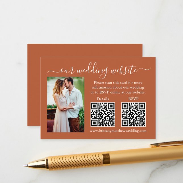 Wedding RSVP Details Photo 2 QR Terracotta Enclosure Card (Front/Back In Situ)