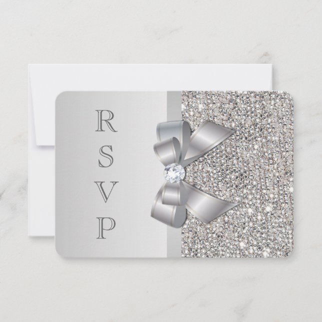 Wedding RSVP Faux Silver Sequins Bow (Front)