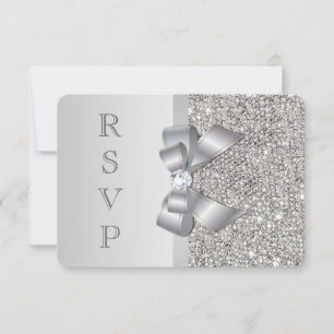 Wedding RSVP Faux Silver Sequins Bow Card