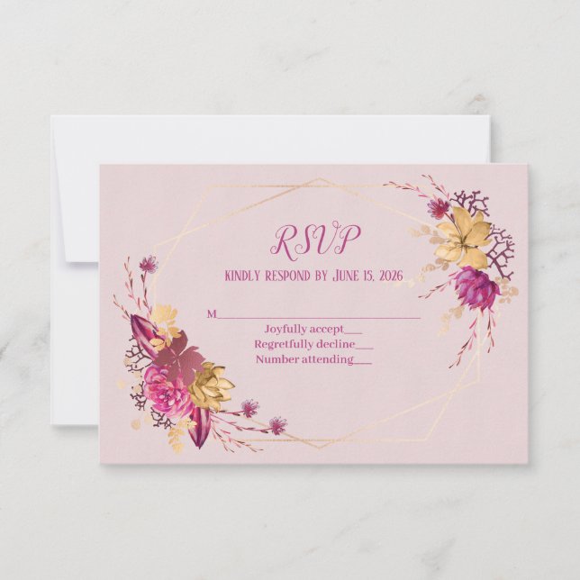 wedding RSVP floral bouquet with gold frame (Front)