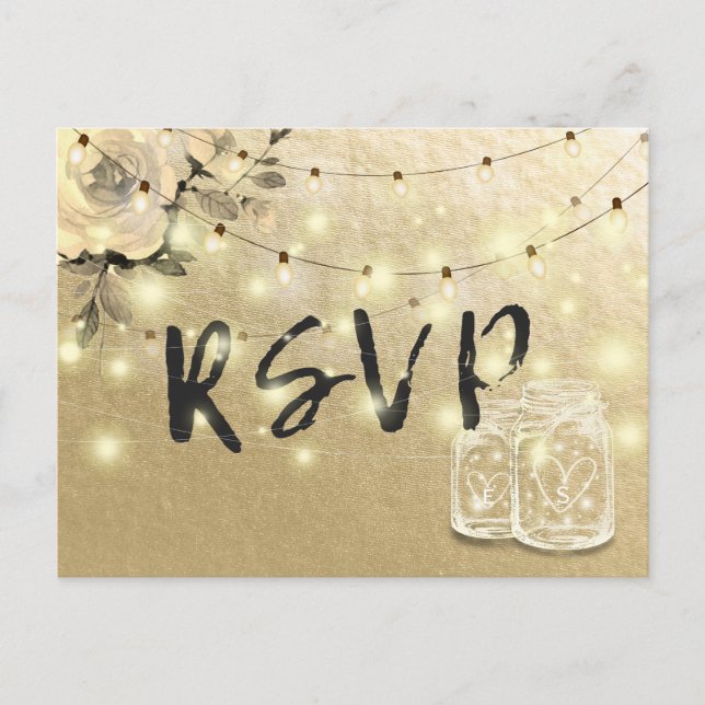 Wedding RSVP Floral Mason Jar String Lights Gold Invitation Postcard (Front)