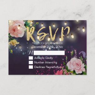 Wedding RSVP Floral Purple Sparkle String Lights Card