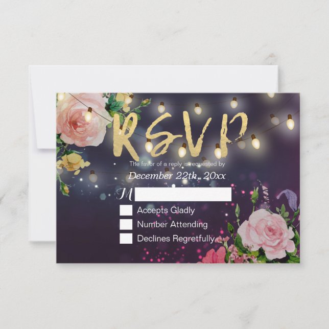 Wedding RSVP Floral Purple Sparkle String Lights Card (Front)