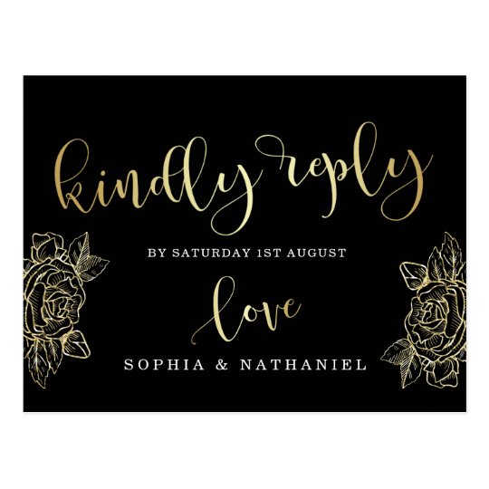 Wedding RSVP | Gold Glitter Roses & Black Postcard