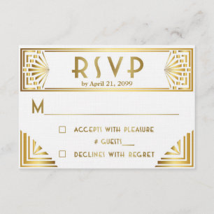 Wedding RSVP, Great Gatsby, gold on white RSVP Card