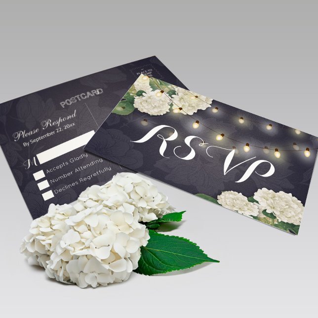 Wedding RSVP Hydrangea Flowers String Lights Blue Postcard (Creator Uploaded)