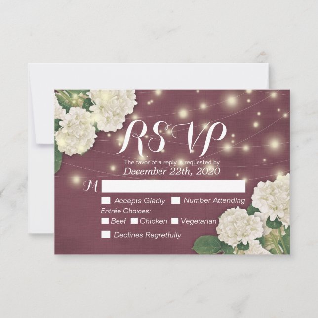 Wedding RSVP Hydrangea String Lights Burgundy Red (Front)