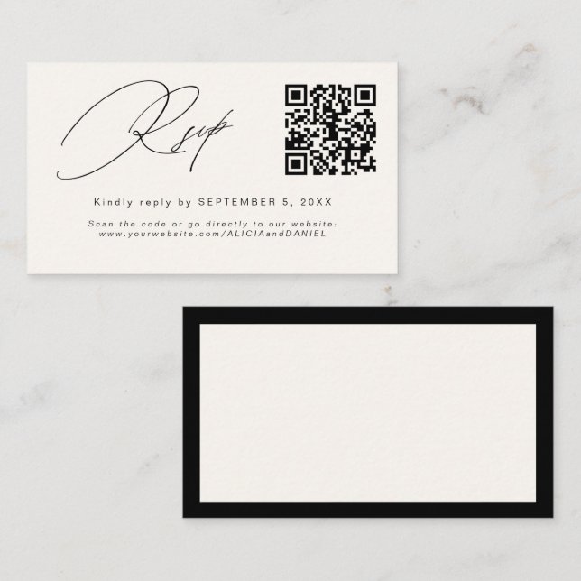 Wedding RSVP ivory black insert QR code enclosure (Front/Back)