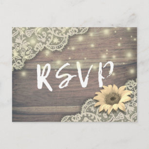 Wedding RSVP Lace Sunflower Wood and String Lights Invitation Postcard
