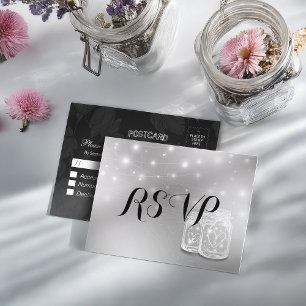 Wedding RSVP Mason Jars String Light Modern Silver Invitation Postcard
