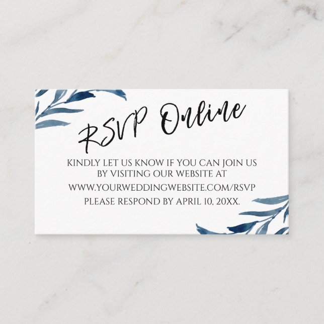 Wedding RSVP Online Typography Blue Painted Leaves Enclosure Card (Front)