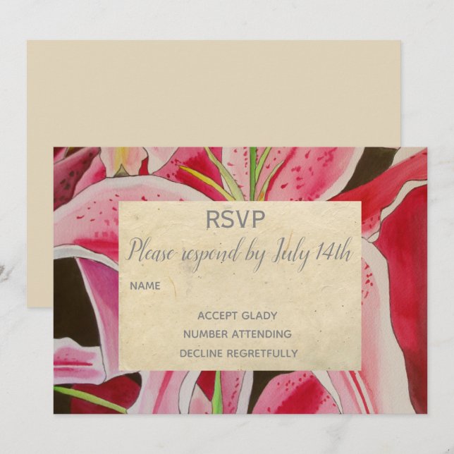 Wedding RSVP Pink lillies flower art rustic Invitation (Front/Back)