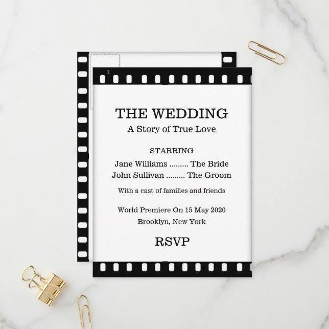 Wedding RSVP Postcard With A Movie Film Theme (Front/Back In Situ)