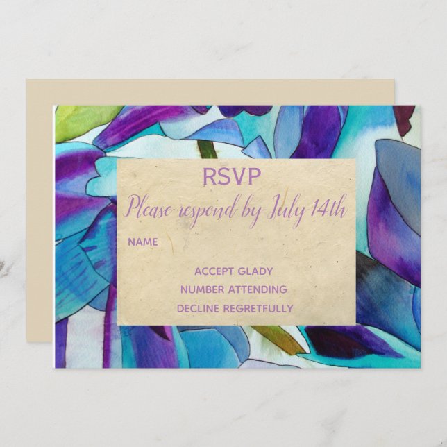Wedding RSVP Purple blue orchids flower art rustic Invitation (Front/Back)